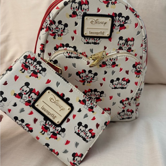 Disney Handbags - Loungefly Mickey and Minnie Heart Valentines Backpack and Wallet Bundle